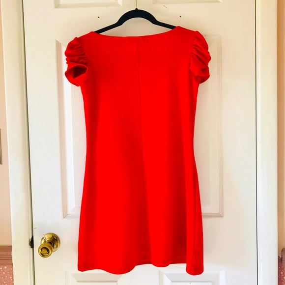 Blood Red Orange Puff Sleeve Mini Dress - Picture 2 of 2